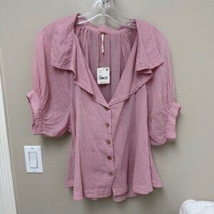 NEW! Free People Blouse Button Front Short Sleeve Cotton Top Lilac Wine Size XS